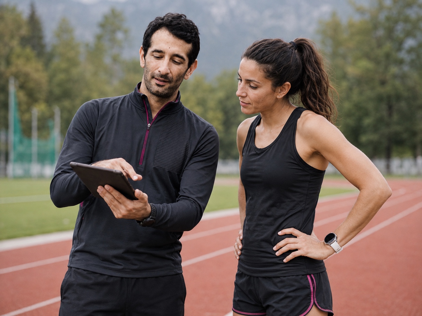 Navin bespricht mit einer Athletin an der Laufbahn das Training am Tablet