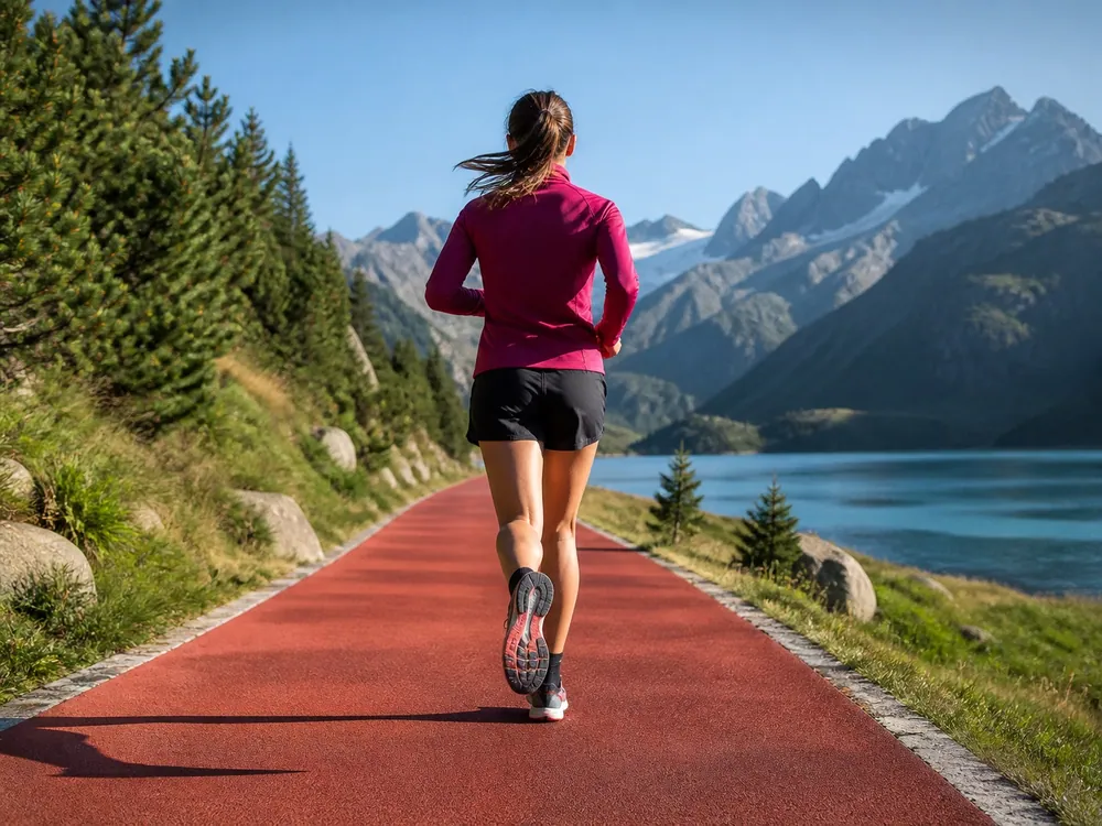 A runner on a path beside a mountain lake.