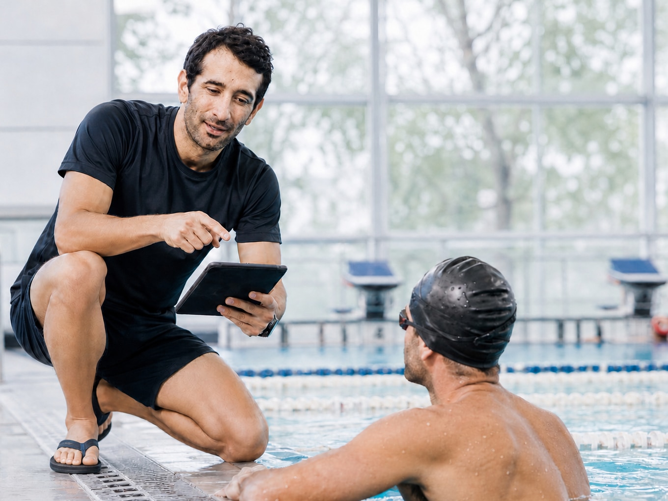 Navin bespricht in Pool-Flip-Flops am Beckenrand die Kraultechnik mit einem Schwimmer am Tablet