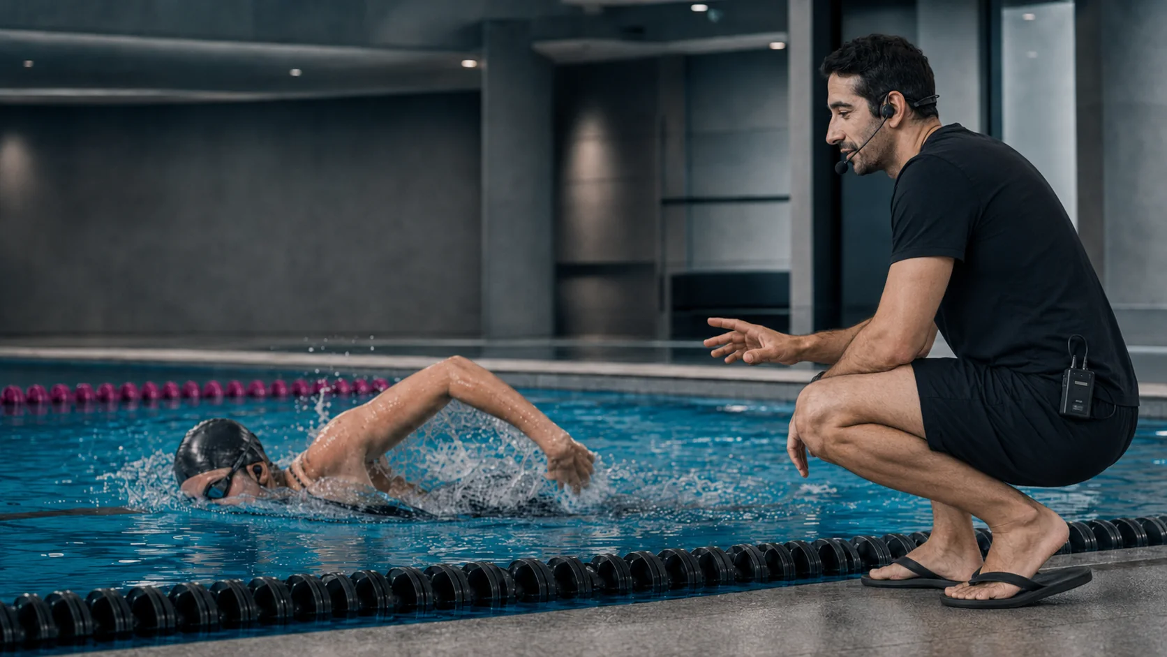 KI-Illustration: Navin gibt einem Kraulschwimmer Technikhinweise per Funkheadset