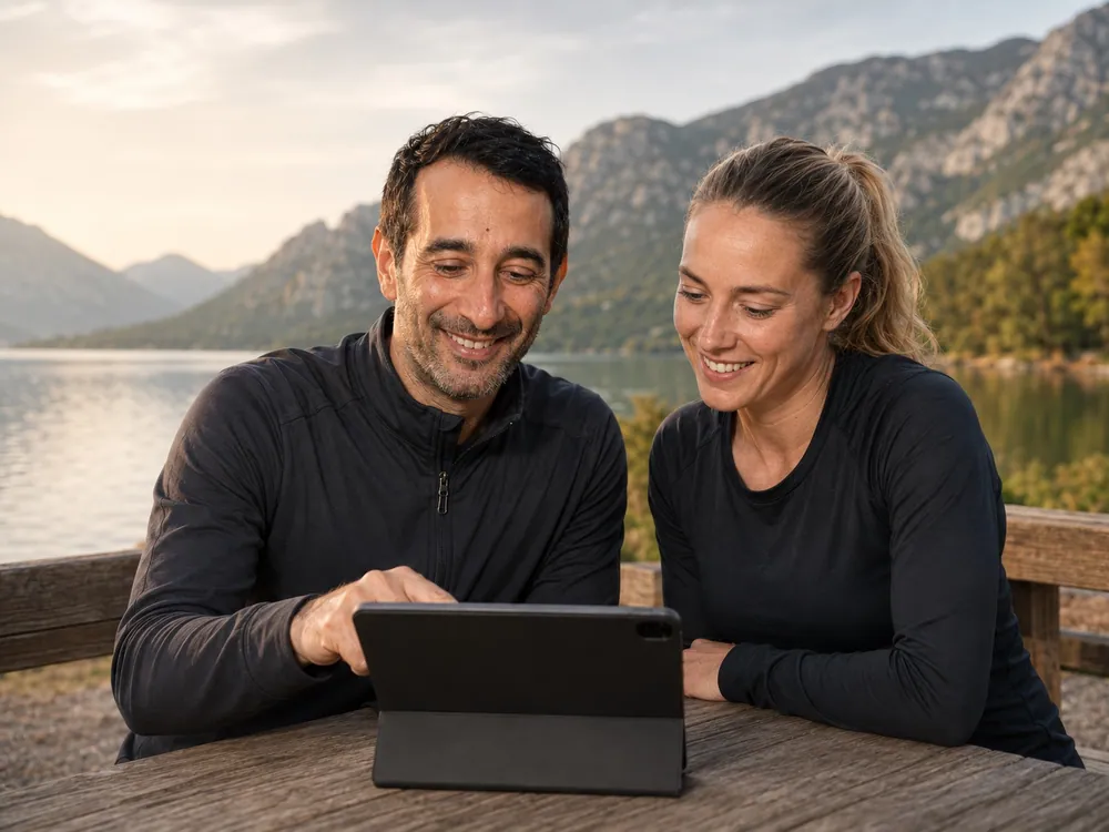 Navin reviewing training and race strategy with an athlete on a tablet by an alpine lake
