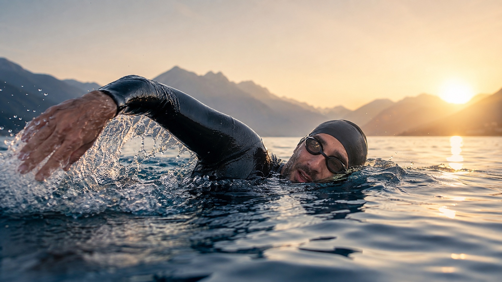 Navin schwimmt bei Sonnenaufgang im offenen Wasser eines Bergsees